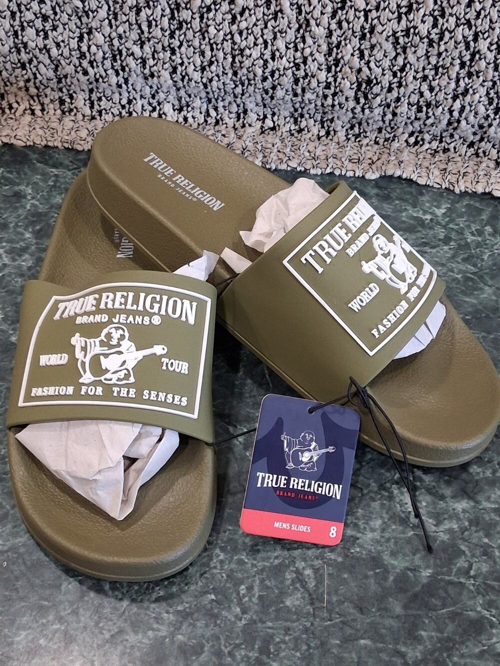 True Religion Olive Green And White Kendrick Slides Men's size 8 Slip On NEW!